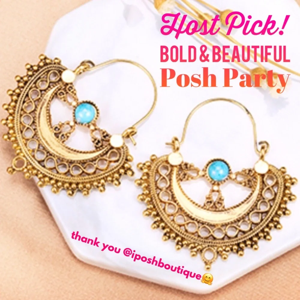 ::⚜️Exotic Bohemia Turquoise+Gold Hoop Earrings - Picture 2 of 6